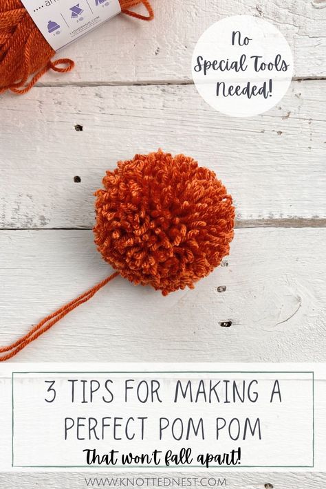 This step-by-step tutorial will show you how to make the perfect full, fluffy, thick pom pom out of yarn - that won't fall apart! Use cardboard to make pom poms for crochet hats and scarfs, wreaths, garlands, rugs, and more! #howto #pompommaker #fluffypompom #thickpompom Christmas Stockings With Pom Poms, Making Pompoms For Hats, How To Make A Hat Pom Pom, Crochet Pompoms How To Make, Make A Pom Pom With Yarn, Pom Pom For Crochet Hat, Make A Pompom For A Hat, Crochet Scarf With Pom Poms, How To Make A Yarn Pom Pom For Hat