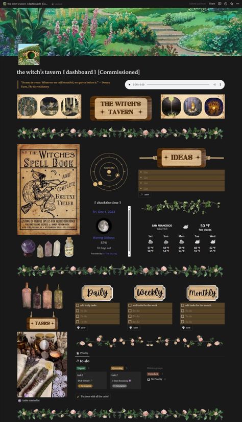 the witch's tavern 🧹🐈‍⬛ commissioned | 1/2 witchcore all-in-one notion dashboard 🔮 Notion Inspiration, Notion Library, Notion Board, Productivity Ideas, Notion Inspo, Notion Ideas, Notion Aesthetic, Notion Dashboard, Witch Core