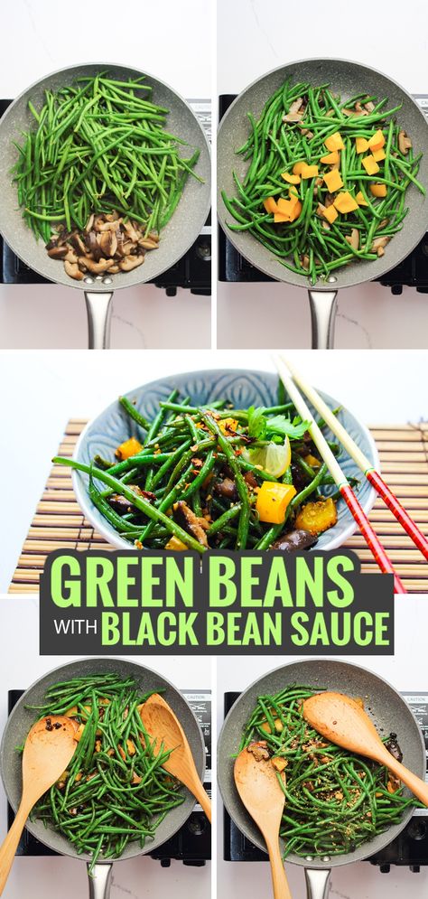 Black Bean Garlic Sauce Recipe, Savory Green Beans, Black Bean Garlic Sauce, Tofu Green Beans, Vegan Greens, Black Bean Sauce Recipe, Green Beans And Mushrooms, Stir Fry Green Beans, Vegan Board