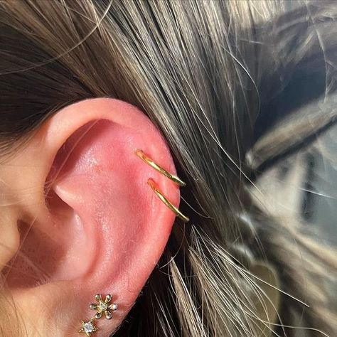 Lauren Rummel on Instagram: "Here’s a double helix with gold titanium jewelry I did a couple weeks back🤗" Low Double Helix Piercings, Helix Earrings Gold, Double Helix Jewelry, Double Helix Piercing Hoop, Double Helix Hoop, Double Helix Piercings, Double Helix Piercing, Helix Earrings Hoop, Helix Ring