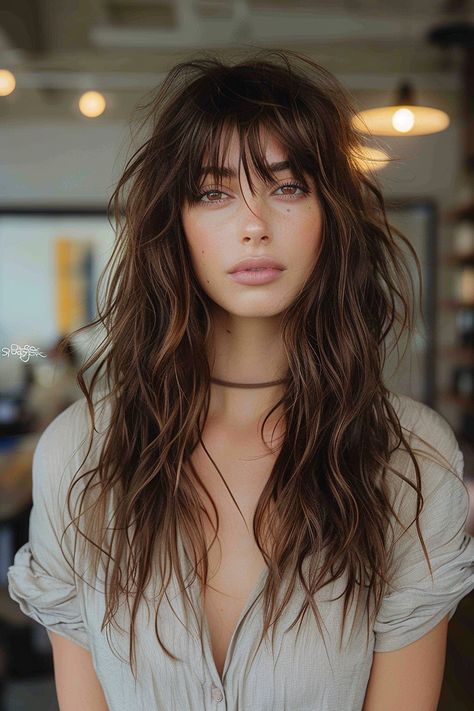 Woman with long, layered hair and wispy bangs, showcasing a trendy 2024 haircut Long Layers With Wispy Bangs, Layers With Wispy Bangs, Rocker Chic Hair, Long Haircuts With Bangs, Rocker Hair, Shaggy Long Hair, Feathered Bangs, Haircuts For Medium Length Hair, Hair Inspiration Long