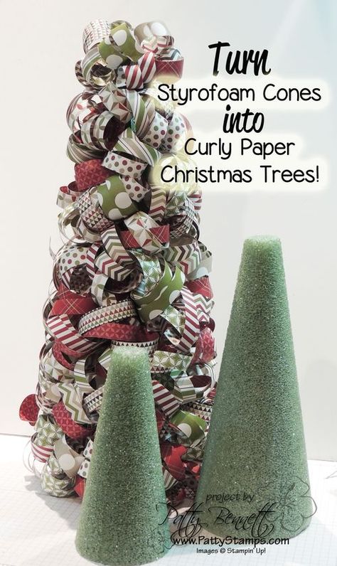 www.PattyStamps.com - how to make curly paper Christmas trees made from styrofoam cones! Great Christmas decor craft! Christmas Decor Craft, Paper Christmas Trees, Styrofoam Crafts, Cone Christmas Trees, Christmas Tree Crafts, Paper Christmas Tree, Paper Christmas, Christmas Crafts Decorations, Tree Crafts