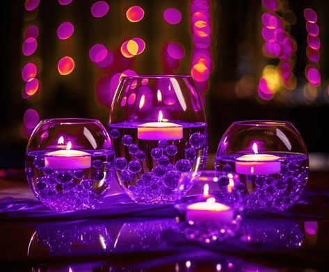 🌺 Impress your guests with the latest trend - floating purple beads and floating candles, adding a touch of romance and effortless elegance.  Make your loved ones feel special with these exquisite vase fillers. Share the festive atmosphere with your children, family, and friends. 💎Set #1 includes 210 purple beads.  💎Set #2 includes 210 purple beads + 3 underwater candles with remote control.  💎Set #3 includes 210 purple beads + 3 purple fairy lights.  💎Set #4 includes 210 purple beads + 3 f Royal Blue Purple And Silver Wedding, Shades Of Purple Party Theme, Purple Black And Blue Wedding, Galaxy Centerpiece Ideas, Sweet 16 Purple Theme, Purple Table Decor, Dark Purple Wedding Theme, Purple Floating Candles, Fairy Light Decoration