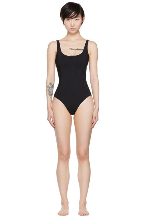 Moncler: Black Zip-Up One-Piece Swimsuit | SSENSE Bathsuits One Piece, Model Back Pose, Normal Poses Reference, Model Figure Pose, Swimsuit Modeling Poses, Female Model Pose Reference, Model Full Body Reference, Women Body Reference, Human Figure Reference