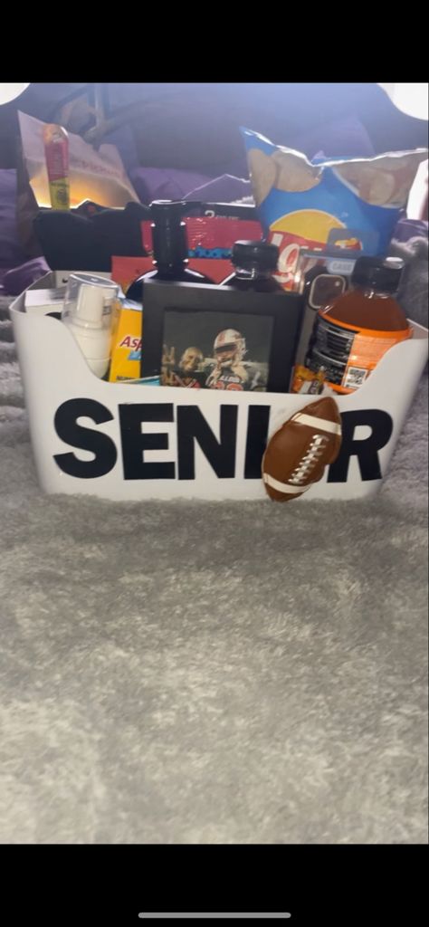 Senior Night Basket For Boyfriend, Senior Boyfriend Gifts, Graduation Gift Ideas Basket, Basketball Baskets For Boyfriend, Fall Camp Basket Football Boyfriend, First Game Football Gifts For Boyfriend, Senior Night Basket Ideas Football, Football Senior Basket, Football Baskets For Boyfriend