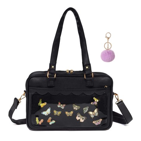 PRICES MAY VARY. 【Medium size fits laptop up to 13-inch】Dimensions (Overall): 14.2 Inches (W) x 9.8 Inches (H) x 3.9 Inches (D)/36 cm x 25cm x10cm This Cute Ita Bag features a zippered transparent front pocket and a detachable insert board for pins display.(Pins are not included in the package.) Shell Material: Black PU Leather,Lining Material:Polyester Fabric Strap Type: Cross-body strap,double top-handle straps Dust Bag: Yes Age Range: Above 12 years old The Japanese Style Ita Messenger Bag is Pins Display, Japan Bag, Pin Display, Kawaii Bag, Ita Bag, Gift Inspo, Fabric Strap, Clear Bag, Purse Crossbody