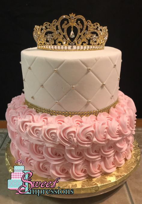 Pink Birthday Cake Two Tier, Sweet 16 Two Tier Cake, 2 Tier Quinceanera Cakes, Pink And Gold Princess Cake, Big Cake Design, Pink And Gold Quince Cake, 2 Tier Birthday Cake Ideas, Quince Cakes Pink, Rapper Birthday Cake