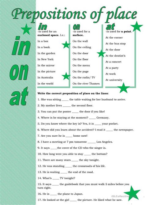 Prepositions of place - English ESL Worksheets for distance learning and physical classrooms Place Worksheet, Elementary Grammar, Teaching Prepositions, In On At, English Prepositions, English Grammar Exercises, English Ideas, English Grammar Rules, Prepositional Phrases