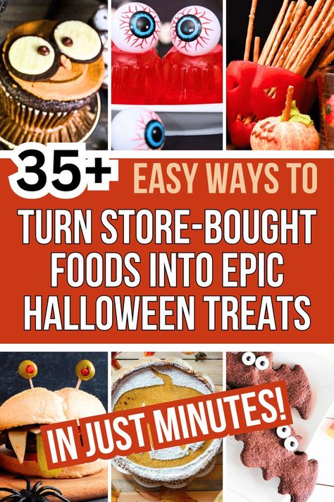 Halloween Store Bought Treat Ideas, Easy Halloween Snack Ideas For Party, Store Bought Halloween Treats, Halloween Party Food Easy Cheap, Cheap And Easy Halloween Snacks, Make Ahead Halloween Treats, Semi Homemade Halloween Treats, Halloween Office Party Food Ideas, Halloween Team Snacks