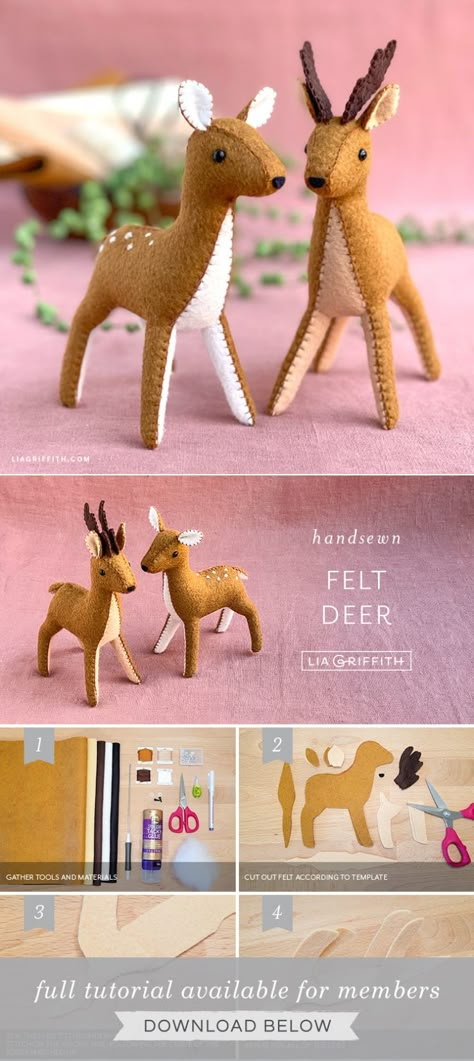 Felt Deer - Lia Griffith - created via https://pinthemall.net Felt Deer Ornament, Sewn Felt Animals, Lia Griffith Felt Animals, Felt Deer Pattern, Deer Sewing Pattern, Felt Horses, Lia Griffith Felt, Deer Stuffed Animal, Felt Deer