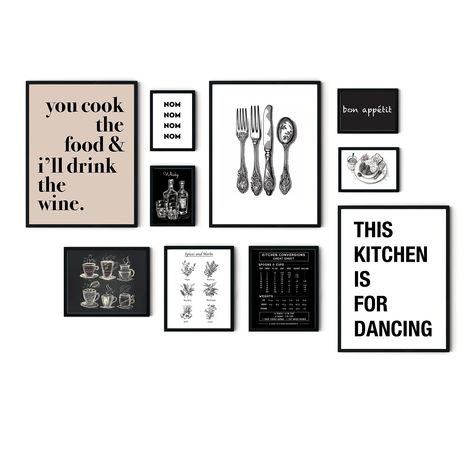 PRICES MAY VARY. Variety of Sizes: Includes 10 UNFRAMED prints in different sizes. 12"x16", 8"x10", 5"x7". Diverse Themes: Features an assortment of kitchen-themed designs, such as Kitchen Quotes, Giant Spoon and Fork, Coffee Cups, Whisky Bottles, Spices and Herbs, Bon Appétit, and Breakfast. Frame Selection Reminder: Customers should pay attention to size and orientation (horizontal or vertical) when purchasing frames for these prints. Quality Guaranteed: Our minimalist aesthetic wall art set i Kitchen Ideas Black And White Decor, Kitchen Decor For Men, Black And Wood Kitchen Decor, Kitchen Wall Frames, Kitchen Wall Ideas Decor, Kitchen Aesthetic Minimalist, Blank Wall In Kitchen Ideas, Cluster Wall Decor, Kitchen Frames Ideas Wall Art