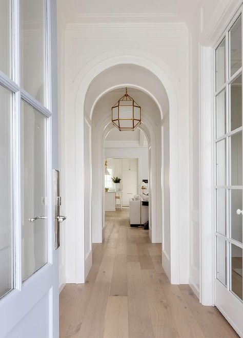 Arched Hallway with Suzanne Kasler Morris Lantern - Transitional - Entrance/foyer Arch In Hallway, Arched Foyer, Low Ceiling Hallway, Hallway Arch, Arch Hallway, Morris Lantern, Playroom Loft, Arched Hallway, Hallway Pendant Lighting