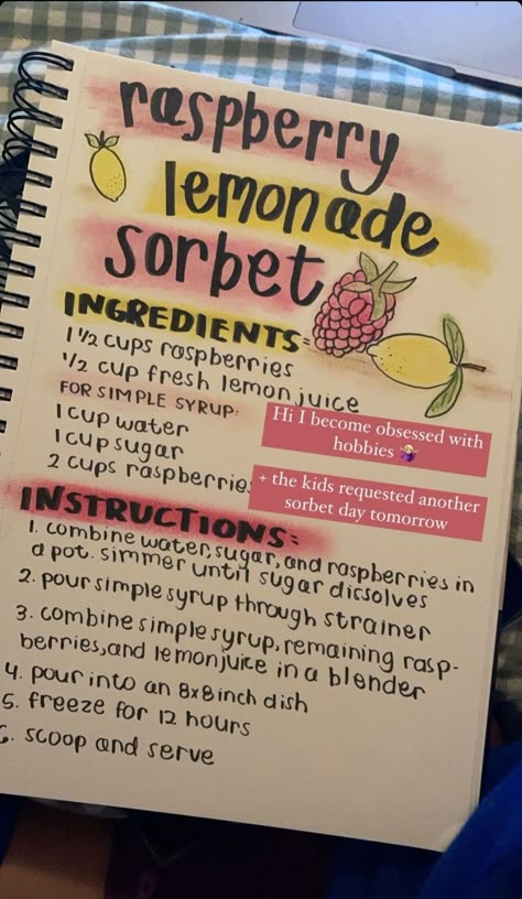 Easy Yummy Drinks, Teen Cooking Recipes, Cute Recipe Book, Cookbook Aesthetic, Lemonade Sorbet, Baking Easy Recipes, Scrapbook Recipe Book, Scrapbook Recipe, Cute Recipes