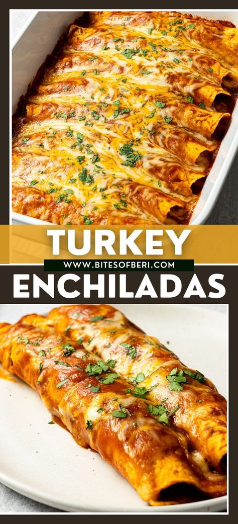 These ground turkey enchiladas are flavorful, spicy, and topped with perfectly melted cheese. They use a filling that is made with ground turkey, refried beans, and the most delicious seasoning! Serve them with sour cream and other toppings of your choice for a satisfying Mexican-style dinner at home. Turkey Burrito Recipe, Ground Turkey Enchiladas, Turkey Enchiladas, Enchilada Ingredients, Healthy Meat Recipes, Vegetarian Meal Prep, Enchiladas Recipe, Healthy Lunch Meal Prep, Mexican Dinner