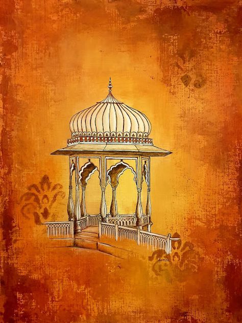 Indian Palace Drawing, Jharokha Painting On Canvas, Mughal Background, Rajasthani Architecture, Jaipur Diaries, Jaipur Art, Rajasthan Art, Mughal Art Paintings, Mughal Art