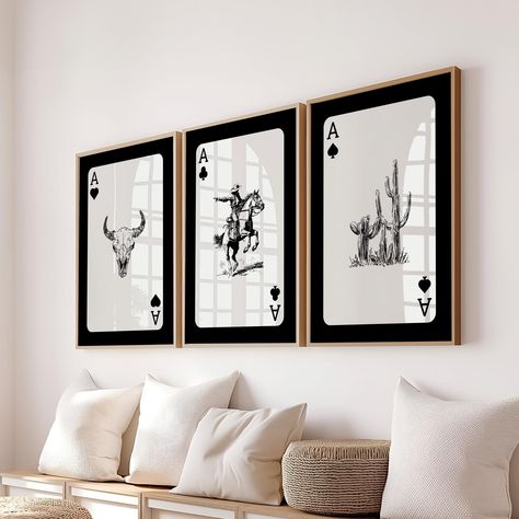 Black And Gold Western Decor, Custom Home Decor, Black And White Western Art, Texas Gallery Wall, Midcentury Western Decor, Cowboy Bedroom Decor, Dark Western Decor, Playing Cards Wall Art, Goth Western Decor