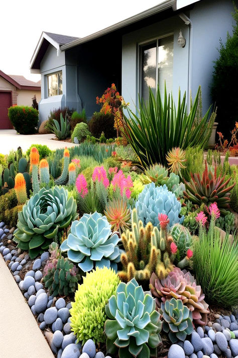 Front yard with a variety of vibrant succulents arranged near a modern home. Succulent Garden Outdoor, Succulent Garden Landscape, Succulent Landscape Design, Small Front Yard Landscaping, Front Garden Landscape, Succulent Garden Design, Succulent Landscaping, Rock Garden Design, Front Yard Garden Design