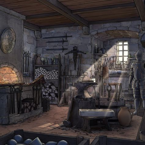 The Belgariad, David Eddings, Blacksmith Workshop, Interior Concept Art, Environment Painting, Fantasy Shop, Blacksmith Forge, Mining Town, Blacksmith Shop