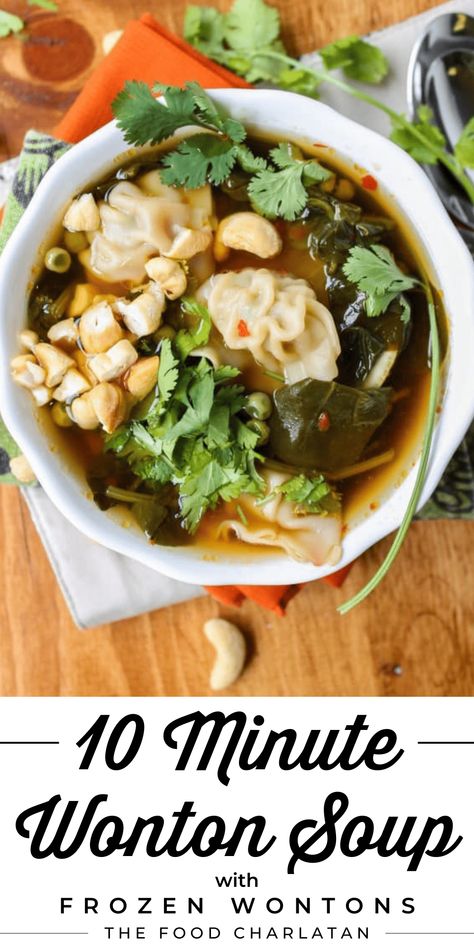 Easy Wonton Soup Recipe with Frozen Wontons from The Food Charlatan. There are easy dinners, and then there are stupid easy dinners. This is the latter. I'm not even kidding guys, you are 10 minutes away from incredible Asian wonton soup. Savory broth, tender wontons, crunchy cashews, and even some veggies for the healthy factor. Make this any time you want to feel nourished AND delighted. With a few Asian pantry staples to up the flavor, you're on your way to an easy weeknight meal in no time. Easy Soup Recipes Quick, Frozen Wontons, Easy Wonton Soup, Wonton Soup Recipe, Asian Soup Recipes, Wonton Recipes, Soup Appetizers, Food Charlatan, 15 Minute Meals