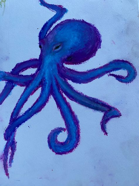 Octopus drawing, oil pastel art, oip pastel drawing, blue and purple, octopus reference, drawing base, notebook sketch, oil pastel sketch Fish Crayon Drawing, Oil Pastel Octopus, Jelly Fish Oil Pastels, Blue Oil Pastel Art, Oil Pastel Sea Creatures, Oil Pastel Sea Animals, Oil Pastel Art Ocean, Oil Pastel Animal Drawings, Jellyfish Oil Pastel