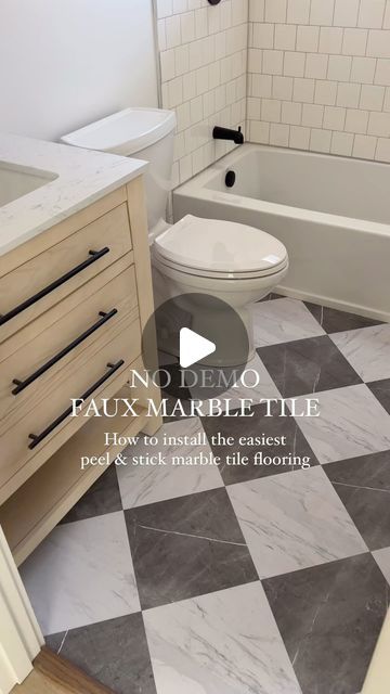 Kendra | Harbor + Pine on Instagram: "Comment FLOOR for link! Here’s how to transform your space with @wallpops x @chrislovesjulia Marble Bonneville Peel & Stick Floor Tiles:

1. It’s important to start with a clean, smooth surface, so my husband laid some sub flooring in this rental bathroom first, but that isn’t necessary in all cases! Just depends on the flooring your working with originally. Then we were ready to start! Measuring, mark, and draw lines to find the center point of the floor.

2. Unbox all tiles! You can lay them all out before starting to verify the pattern and layout, as well. 

3. Peel the paper backing off and place the first tile in the center of the room. 

4. Working outwards in each direction of the laid tile, alternating each of the tile colors as you go.

5. Mak How To Lay Peel And Stick Tile, How To Lay Peel And Stick Flooring, Peel And Stick Tile Floor Bathroom, Peel And Stick Floor Tile Bathroom, Peel And Stick Bathroom Floor, Bathroom Selections, 70s Living Room Decor, Tan Tile, Stick Floor Tiles