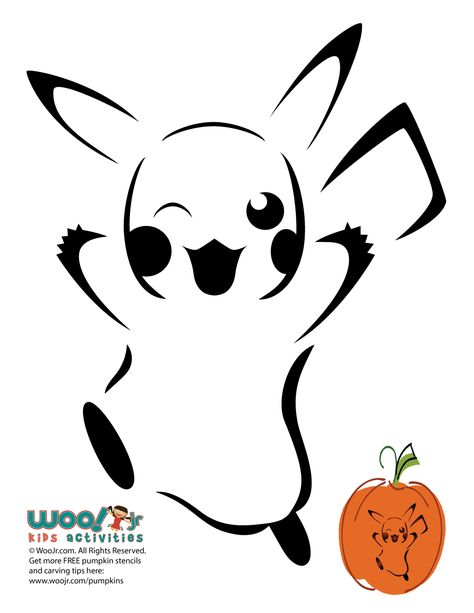 Pokemon Pikachu Pumpkin Stencil | Woo! Jr. Kids Activities Pikachu Pumpkin Stencil, Pokemon Pumpkin Stencils, Pokemon Stencils, Pikachu Pumpkin, Free Printable Pumpkin Carving Stencils, Pokemon Pumpkin, Miki Mouse, Halloween Pumpkin Stencils, Pokemon Ideas