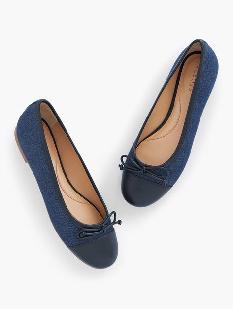 Cap Toe Ballet Flats, Denim Flats, Pointy Toe Flats, Buckled Heels, Kitten Heel Pumps, Blue Flats, Classic Style Women, Leather Wedge Sandals, Leather Ballet Flats