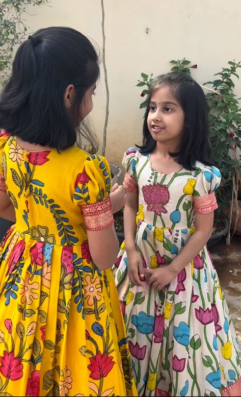 Long Frock Models For Kids, Kalamkari Dresses For Kids, Pattu Long Frocks For Kids, Kalamkari Long Frocks, Girls Frocks Design Cotton, Long Frocks For Kids, Baby Dress Tutorials, Cotton Frock, Cotton Frocks For Kids