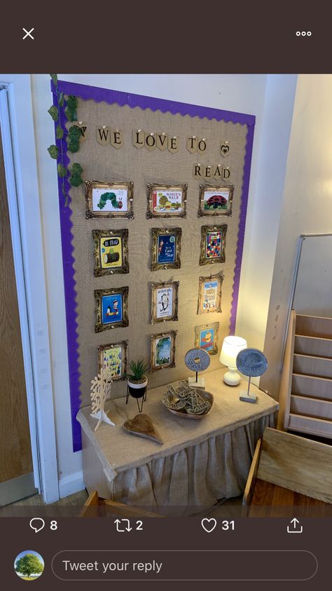 Reading Displays Eyfs, Ks2 Reading Area, Year 1 Reading Area, Book Corner Ideas Childcare, Hygge Eyfs, Hessian Classroom, Book Corner Eyfs, Floor Books, Daycare Decorations