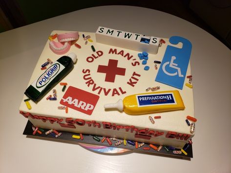 Old Age Cakes Funny, Old Man Survival Kit Funny, Festival Survival Kit, Dora Cake, Man Cake, Dads Birthday, Funny Birthday Cakes, Survival Kits, Old Person