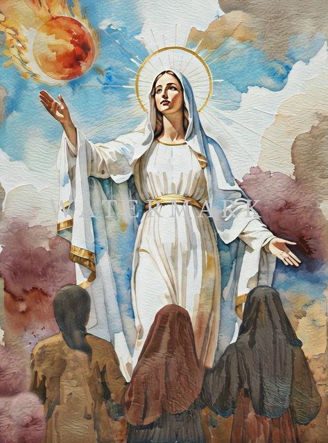 Our Lady Of The Gate Of Dawn, Woman At The Well Painting, Catholic Saint Art, Catholic Art Paintings, Our Lady Of Fatima Image, Mary And Jesus Art, Virgin Mary Watercolor, Jesus Watercolor Painting, Saint Painting