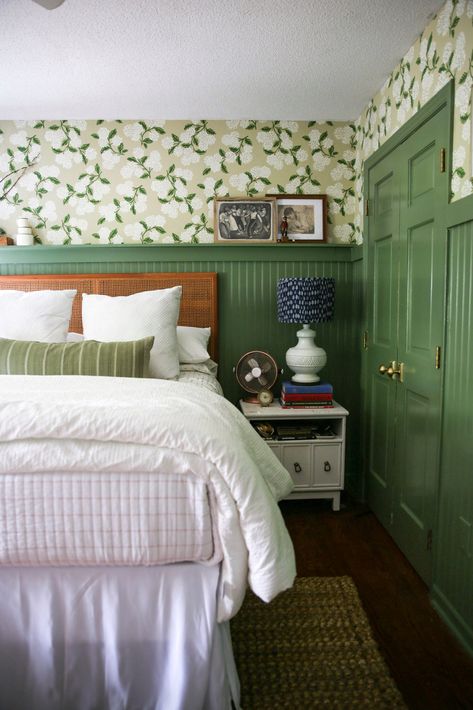 Beadboard And Wallpaper, Beadboard Bedroom, Wallpaper And Beadboard, Beadboard Wall, Hydrangea Wallpaper, Wainscoting Bedroom, Beadboard Wainscoting, Bead Board Walls, Whimsical Bedroom