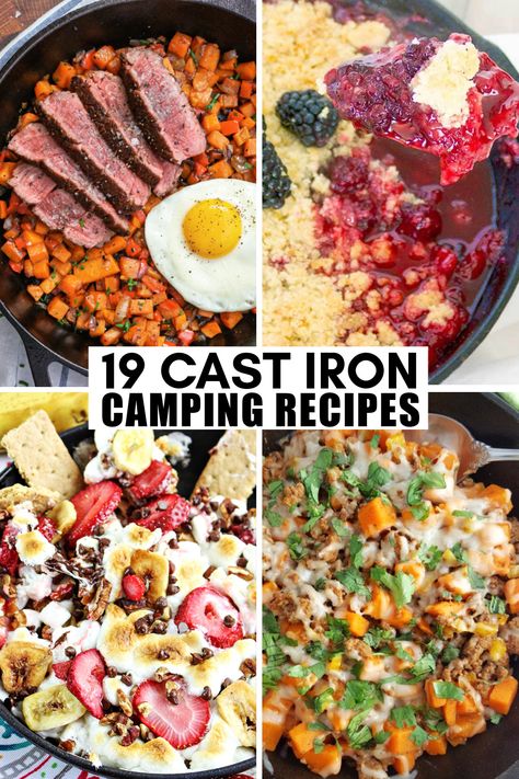 19 Cast Iron Recipes for Camping - Frugal Mom Eh! Cast Iron Campfire Cooking Recipes, Camping Cast Iron Skillet Recipes, Campfire Meals Cast Iron, Pie Iron Recipes Campfire Dinner, Easy Campfire Meals Cast Iron Skillet, Camp Pie Iron Recipes, Campfire Skillet Meals, Campfire Recipes Cast Iron, Cast Iron Cooking Over Fire