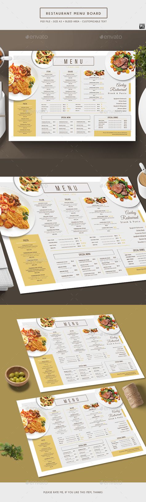 One Page Menu Design Restaurant, A3 Size Menu Design, Restaurant Menu With Pictures, Long Menu Design, Menu With Photos Design, A3 Menu Design, Restaurant Menus Design, Restaurant Menu Design Ideas, Papan Menu