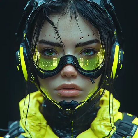 ↑↑↑ Larger size on website 🔸 A woman with short, dark hair wears a futuristic helmet with yellow accents and goggles displaying a Cyberpunk Glasses Concept Art, Neutral Expression, Cyberpunk Glasses, Moody Background, Futuristic Cyberpunk, Futuristic Helmet, Short Dark Hair, Cyberpunk Aesthetic, Yellow Accents