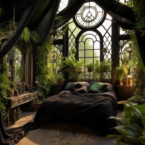 Emerald Green Gothic Bedroom, Goth Plant Aesthetic Bedroom, Green Fantasy Bedroom, Gothic Nature Aesthetic Bedroom, Dark Green Forest Aesthetic Bedroom, Cottage Core Goth Bedroom, Green Aesthetic Bedrooms, Goth Plant Room, Green Witchy Bedroom