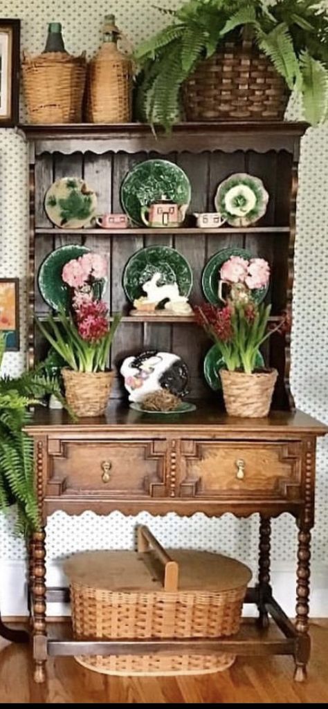 Teapot Collection Display Ideas, Buffet With Shelves Above Antique, Hutch Decorating Ideas, Baker’s Rack Decor, Cottagecore China Cabinet, China Cabinet Chtristmas, Hutch Styling, Cottagecore Home, Hutch Decor