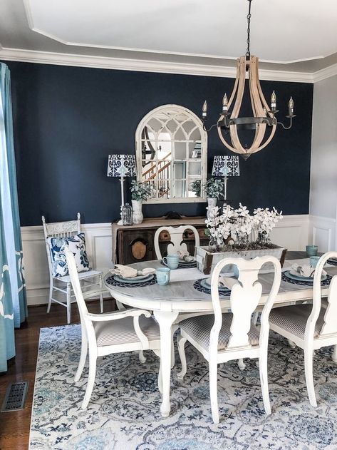 Navy paint on an accent wall brought a bold pop to my dining room transformation! | Wilshire Collections Dining Room Navy, Dining Room Transformation, Dining Room Accent Wall, Navy Paint, Dining Room Accents, Room Accent Wall, Dining Room Blue, Dining Room Remodel, White Dining Room