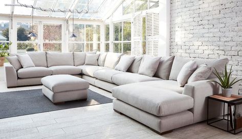 The Kingston range is a soft, deep and attractive sofa that can be customised to fit your desired space. Sink into the luxurious feather filled back cushions and put your feet up on the extra wide chaise unit for the kind of relaxation you can only dream of. Choose from one of our family friendly cotton linens or stain resistant velvet's in an array of colours to suit your style and home. Don't want feathers? Opt for fibre filled cushions at no extra cost. Extra Large Corner Sofa, U Shaped Couches Living Room, U Shape Sofa Uk, Extra Large Sofa, U Shaped Sofa Uk, Large L Shaped Sofa, U Shape Couch, Couch Inspiration, U Couch