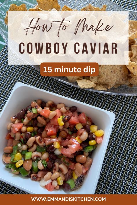 Cowboy Caviar, or Texas Caviar, is a cold salad recipe consisting of black eyed peas, a light vinaigrette dressing, and colorful vegetables! his recipe is the perfect game day football or Super Bowl watching snack. Dip in chips for an appetizer or party snack. Easy to make ahead of time and bring. It's a perfect healthy appetizer that is ready in less than 15 minutes. Easy Cowboy Caviar Recipe, Healthy Football Snacks Appetizers, Cowboy Caviar Recipe Easy, Black Eye Pea Dip, Munchy Food, Cold Appetizers For Party Make Ahead, Easy Appetizers For A Party Make Ahead, Texas Caviar Dip, Best Chip Dip