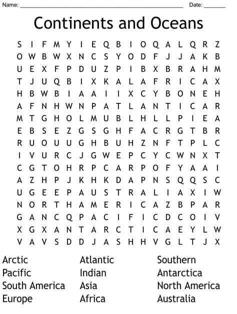 Continent And Ocean Worksheet, Geography Word Search, Oceans And Continents Activities, 7 Continents And 5 Oceans, Oceans Worksheet, Ocean Worksheets, History Word Search, Themes Of Geography, Continents Activities