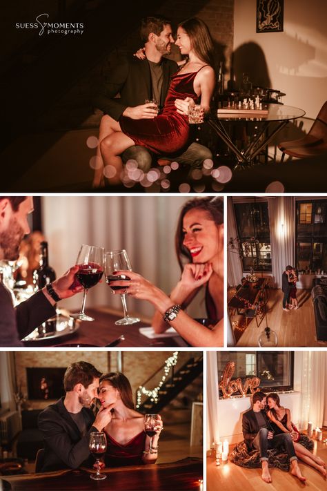 SOHO NYC engagement photos date night themed Date Night Pre Wedding Shoot, Candle Night Dinner Couple, Couple Dining Photography, Engagement Dinner Photos, Date Night Photoshoot Ideas, Hotel Couple Pictures Photo Ideas, Pre Wedding Night Photoshoot, Wine Couple Photography, Date Night Indoors