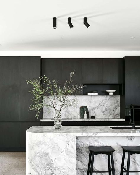 Inside Out - With its dramatic monochrome palette and... Grey Kitchen Decor, Modern Kitchen Design Trends, Monochromatic Kitchen, Monochrome Kitchen, Modern Black Kitchen, St David, Contemporary Barn, Black Kitchen Island, Modern Kitchen Island