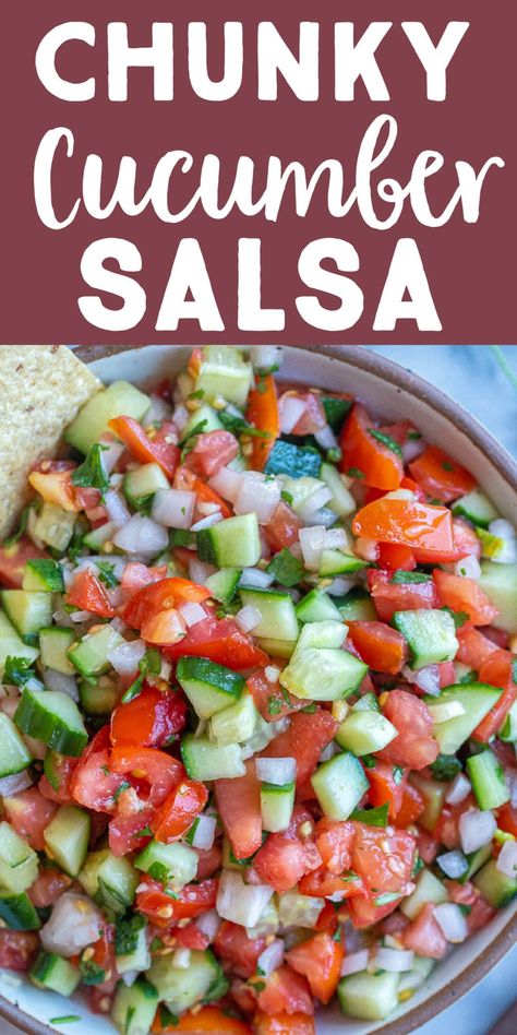 This Chunky Cucumber Salsa is super healthy and refreshing! It's made with all fresh ingredients and is perfect for dipping chips in on a hot day! I also like to use it on burritos, tacos and even burrito bowls! #cucumbersalsa #salsarecipe #freshsalsa #picodegallo #wholefoodsplantbased #vegan Fresh Salsa Recipe Homemade, Cucumber Salsa Recipe, Fresh Salsa Recipe, Cucumber Salsa, Salsa Guacamole, Homemade Salsa Recipe, Burrito Bowls, Cucumber Recipes Salad, Cucumber Recipes