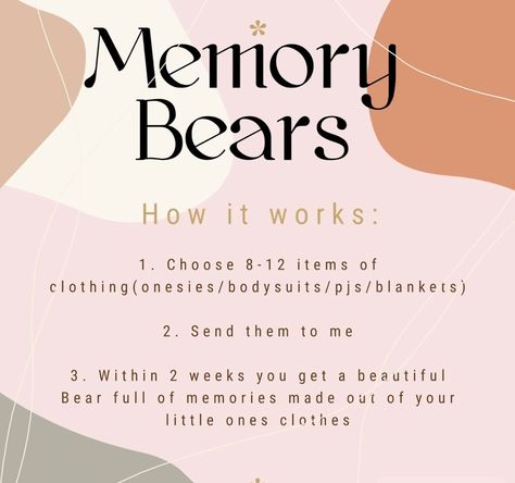 From all of your baby clothes that you kept (if you are like me there’s a lot) choose 8-12 items that you would like to see on the Memory Bear. Put them in a box or a bag and sent them to me ❤️ you can even write on a piece of paper if you want a specific item to be on a specific part of the Bear. Once I receive your items, I will get in touch with you to go over the final detailing before I start sewing! #memorybear #keepsake #mom #nursery #kidsroom Bear Poster, Memory Bears, Start Sewing, Memory Bear, Piece Of Paper, The Bear, A Bag, In A Box, A Box