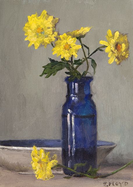 Adolf Menzel, Elizabeth Floyd, Yellow Mums, Still Life Flowers, Cobalt Glass, Still Life Photos, Life Paintings, Blue Bottle, Amsterdam Netherlands