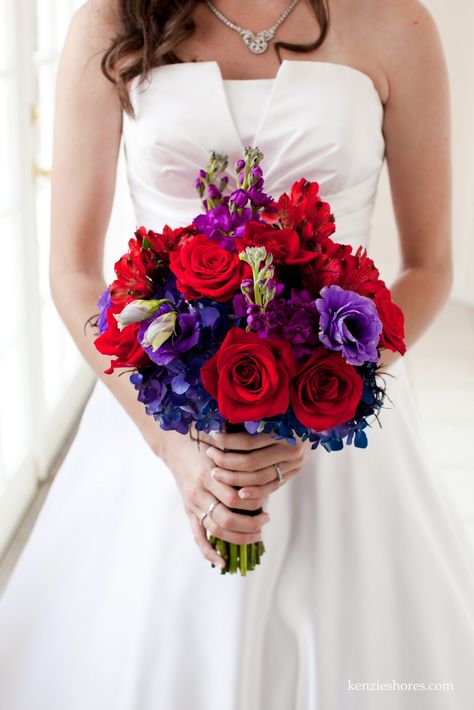 Purple And Red Wedding Bouquets, Red Purple Blue Wedding Bouquet, Purple Red Wedding Theme, Red And Purple Wedding, Blue Red Wedding, Purple White Wedding, Winter Wedding Attire, Blue Purple Wedding, Celebrity Wedding Photos