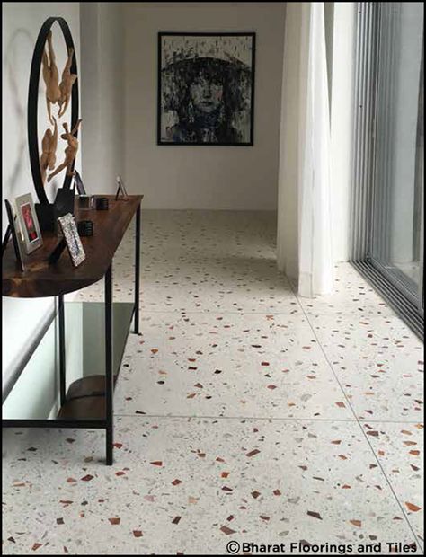 Terrazzo Balcony Floor, Terrazzo Flooring Living Room, Floor Tiles Modern, Bharat Flooring, White Terrazzo Floor, Terrazo Flooring, Terrazzo Tile Floor, Terazzo Floor, Chips Design