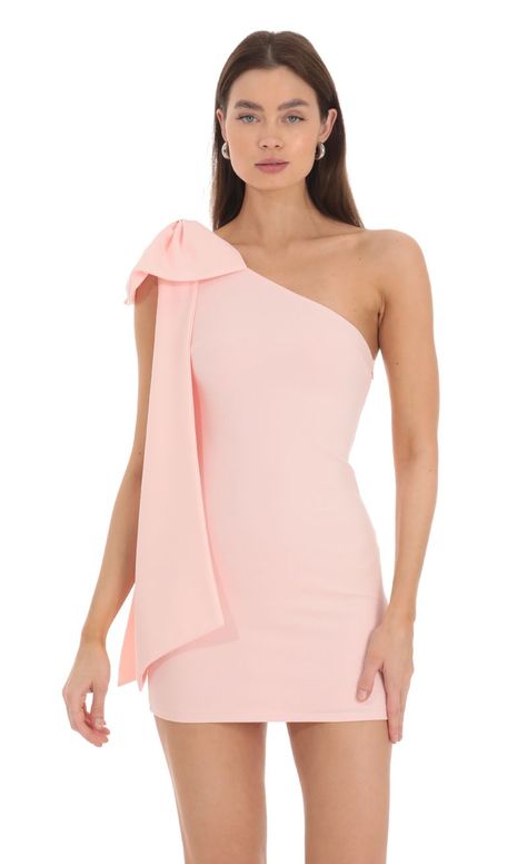 One Shoulder Bow Dress in Pink | LUCY IN THE SKY Homecoming Court Dresses, Pretty Homecoming Dresses, Pink Bow Dress, Short Semi Formal Dresses, Fancy Short Dresses, Rush Outfits, Cute Formal Dresses, Recruitment Outfits, Long Sleeve Ruffle Dress