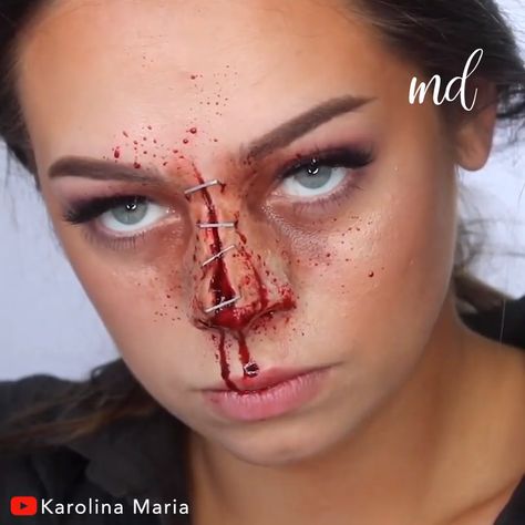 Easy Sfx Makeup Ideas, Nose Makeup Tutorial, Midnight Makeup, Realistic Tutorial, Injury Makeup, Realistic Makeup, Sfx Ideas, Wound Makeup, Spooky Makeup